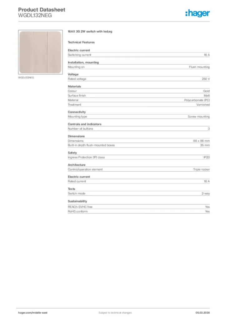 Image Hager Product data sheet WGDL132NEG  | Hager