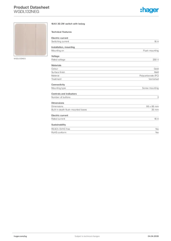 Image Hager Product data sheet WGDL132NEG  | Hager