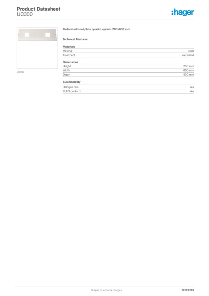 Image Hager Product data sheet UC300  | Hager Africa