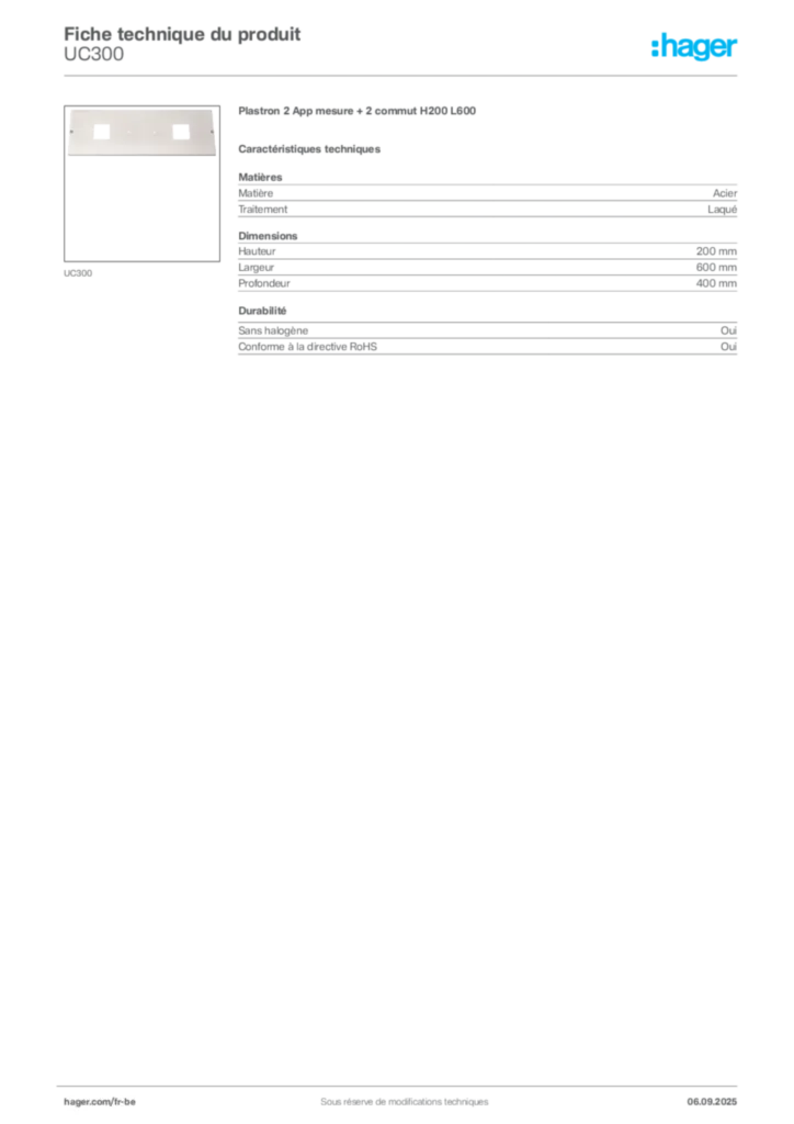 Image Hager Fiche technique du produit UC300 | Hager Belgique