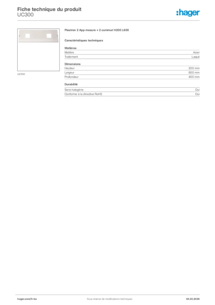 Image Hager Fiche technique du produit UC300 | Hager Belgique