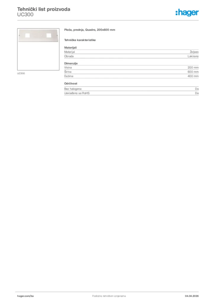 Slika Hager Tehnički list proizvoda UC300  | Hager