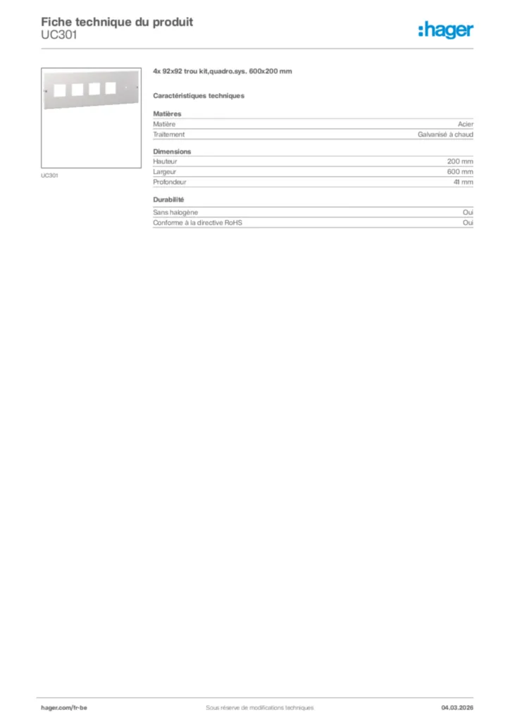 Image Hager Fiche technique du produit UC301 | Hager Belgique