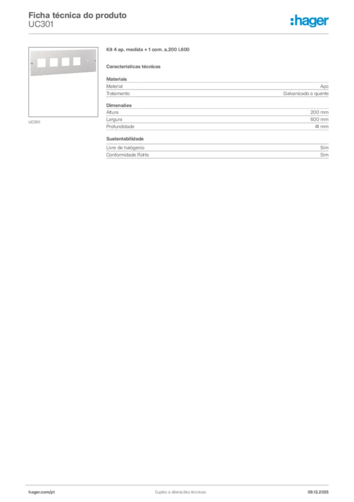 Imagem Hager Ficha técnica do produto UC301 | Hager Portugal