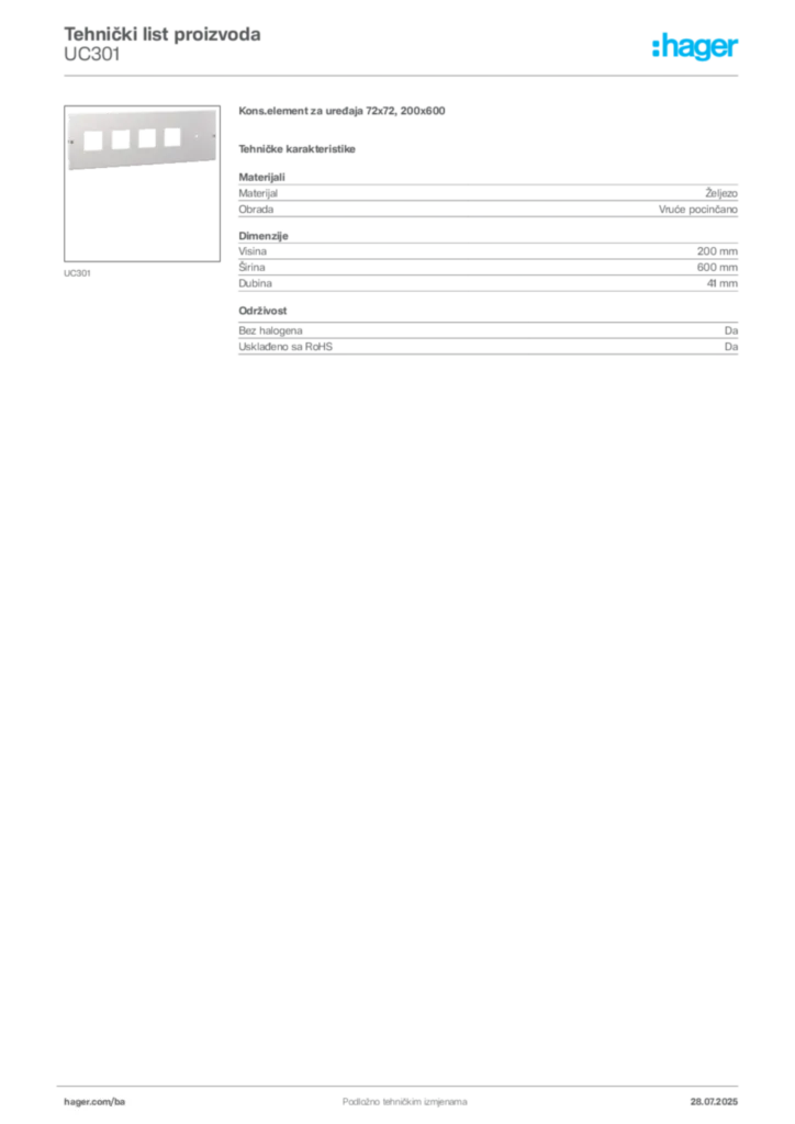 Slika Hager Product data sheet UC301  | Hager
