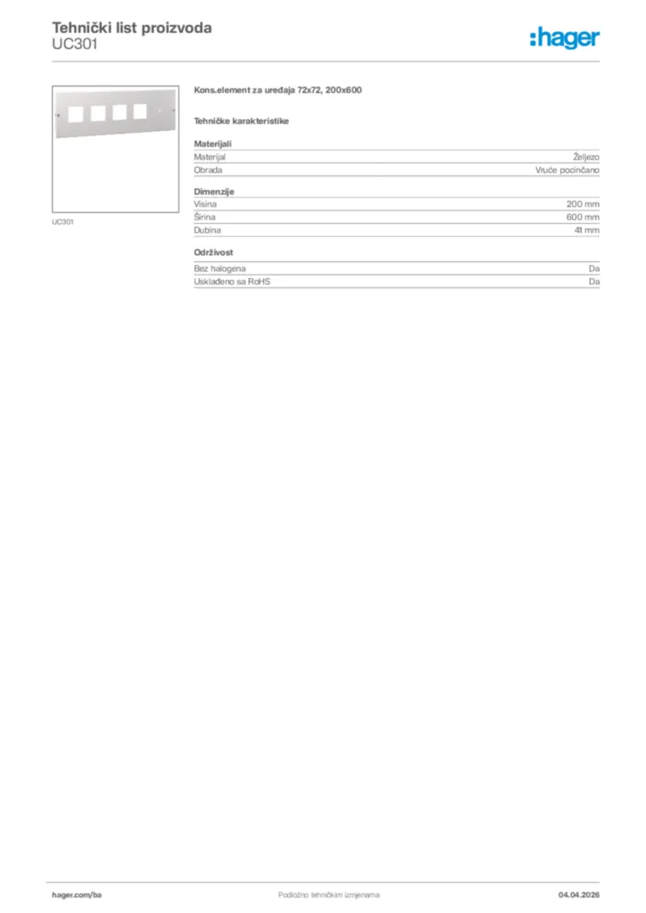 Slika Hager Tehnički list proizvoda UC301  | Hager