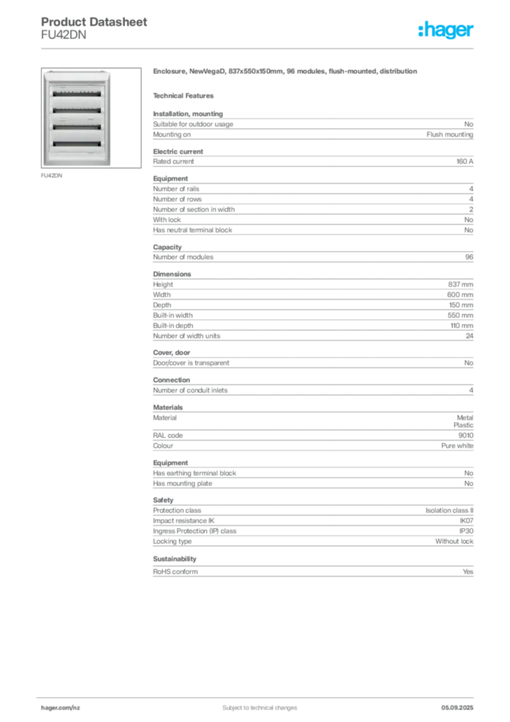 Image Hager Product data sheet FU42DN  | Hager New Zealand