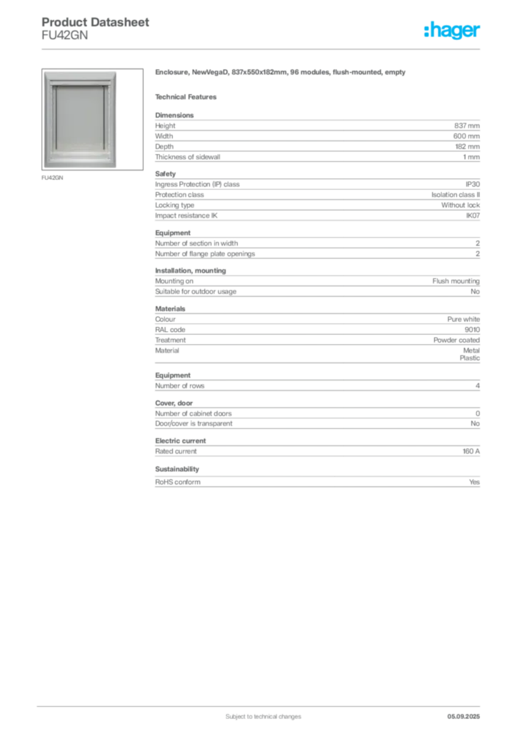 Image Hager Product data sheet FU42GN  | Hager