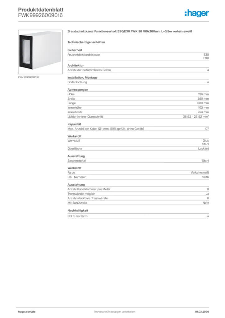Hager Produktdatenblatt FWK99926009016