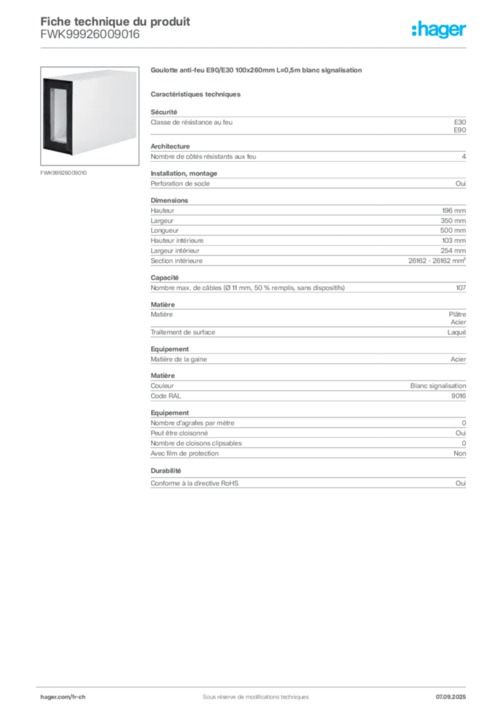 Image Hager Fiche technique du produit FWK99926009016 | Hager Suisse