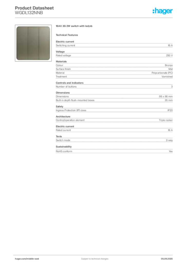 Image Hager Product data sheet WGDL132NNB  | Hager
