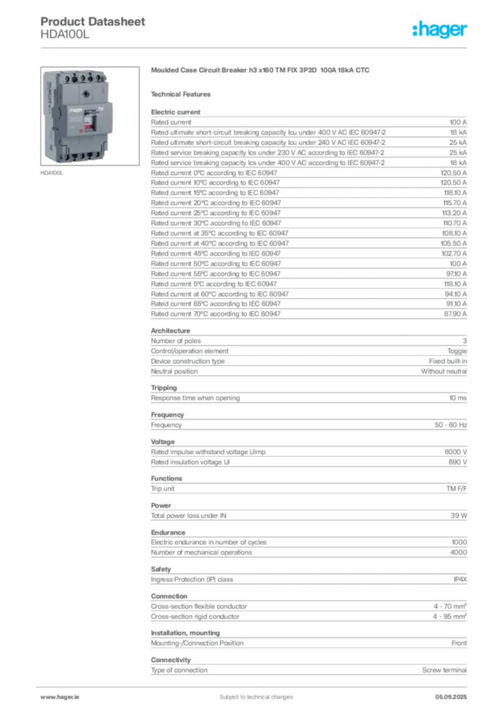 Image Hager Product data sheet HDA100L  | Hager