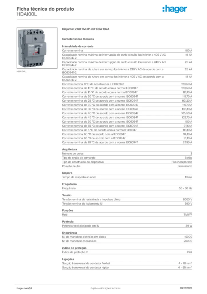 Imagem Hager Ficha técnica do produto HDA100L | Hager Portugal