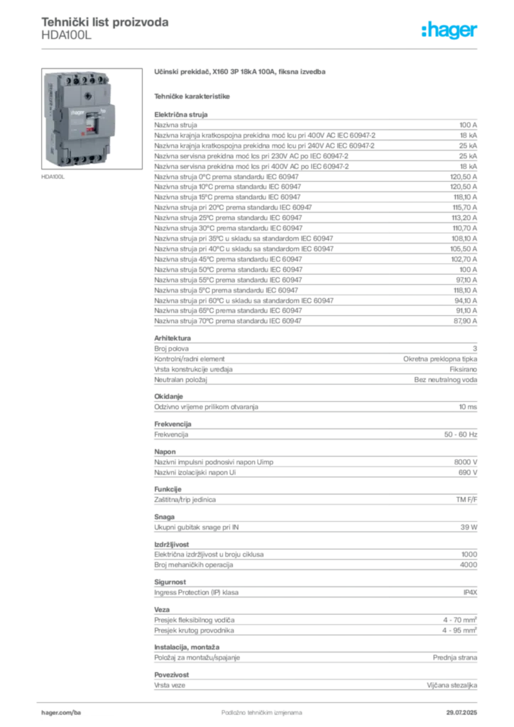 Slika Hager Product data sheet HDA100L  | Hager