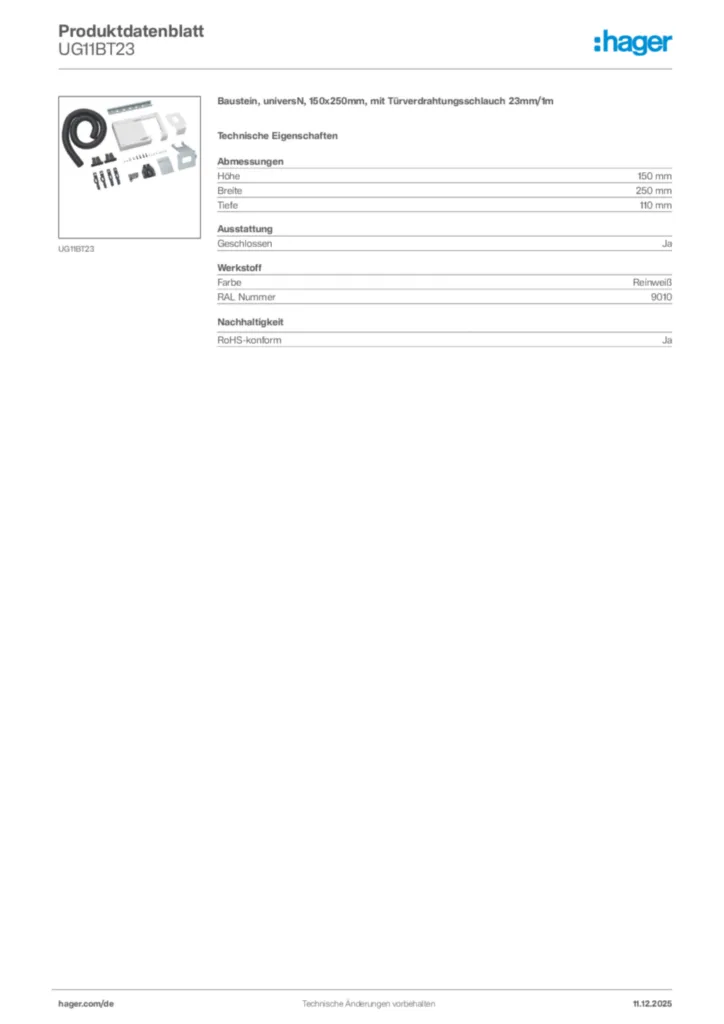 Hager Produktdatenblatt UG11BT23