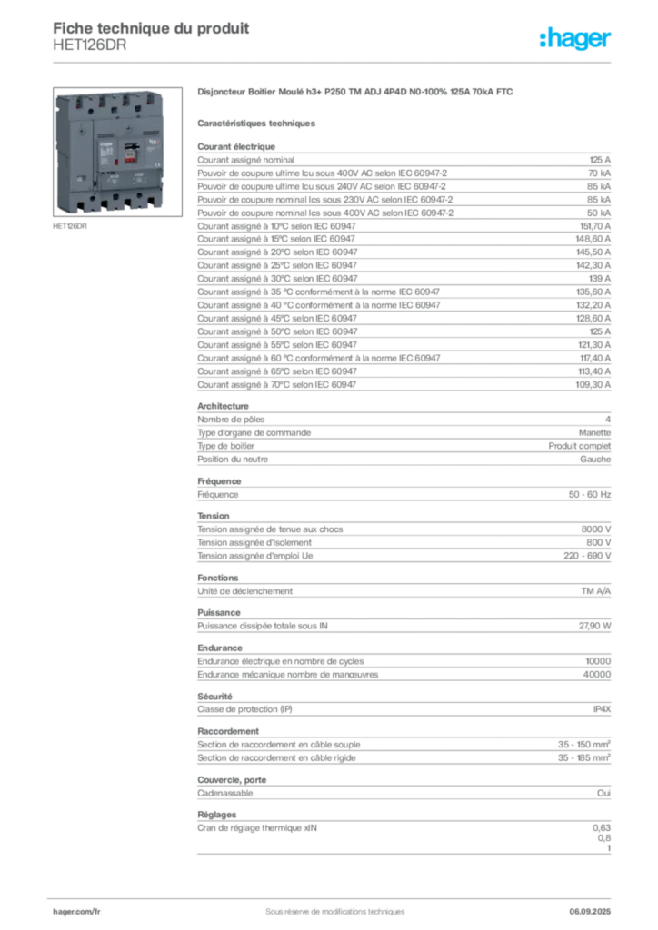 Image Hager Fiche technique du produit HET126DR | Hager France