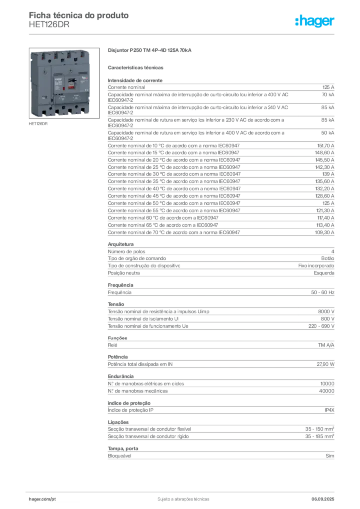 Imagem Hager Ficha técnica do produto HET126DR | Hager Portugal