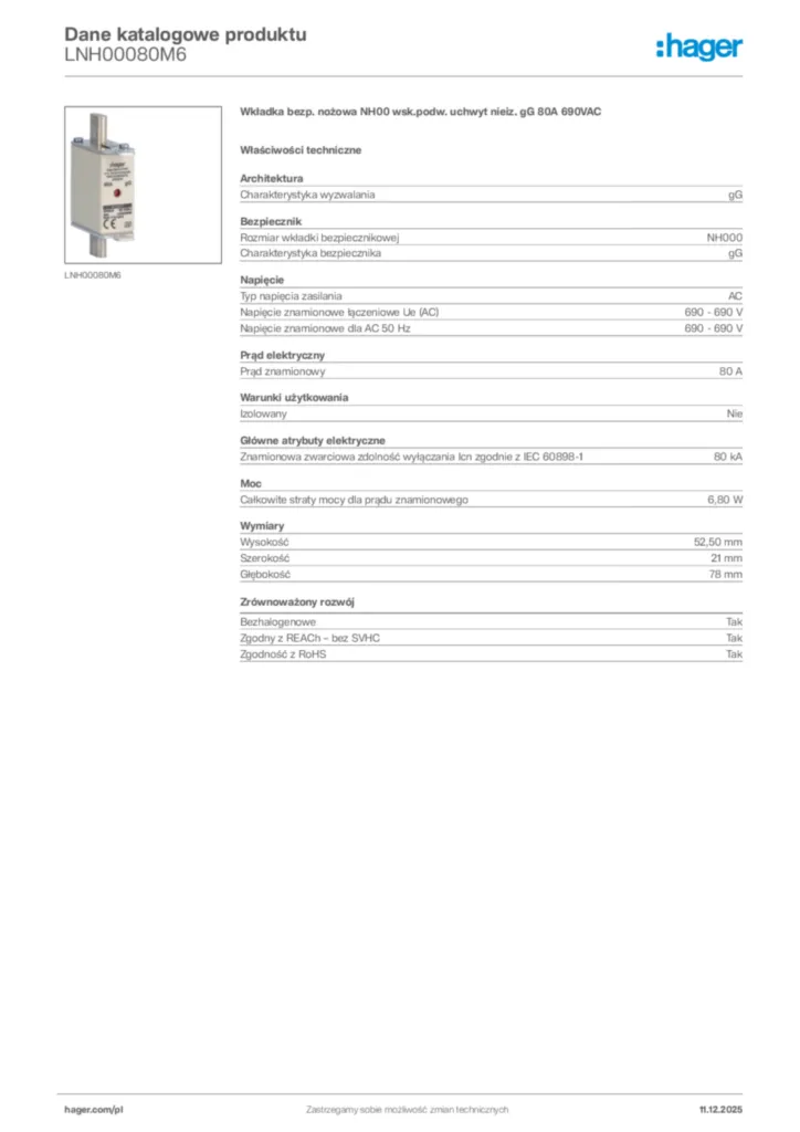 Zdjęcie Hager Dane katalogowe produktu LNH00080M6 | Hager Polska