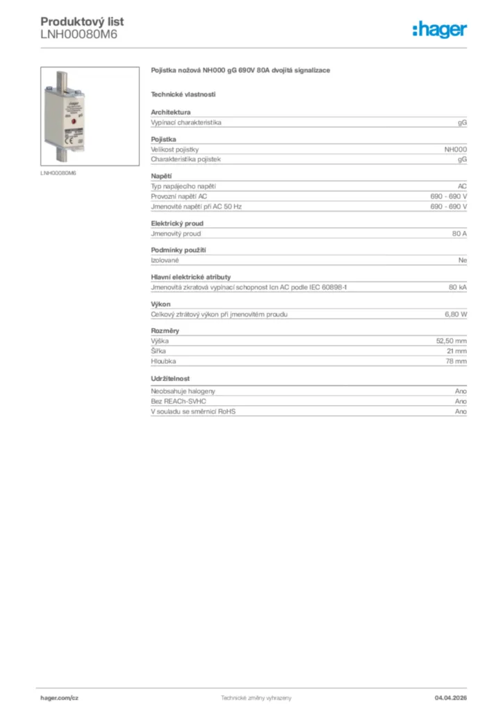 Obrázek Hager Product data sheet LNH00080M6 | Hager