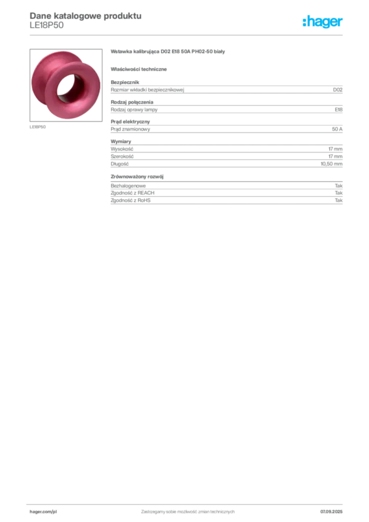 Zdjęcie Hager Dane katalogowe produktu LE18P50 | Hager Polska