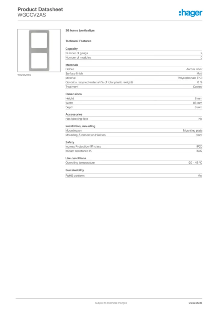 Image Hager Product data sheet WGCCV2AS  | Hager Africa
