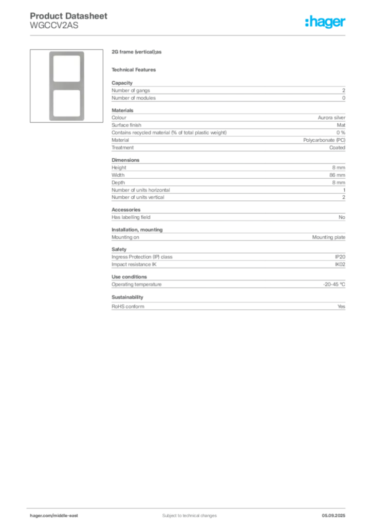 Image Hager Product data sheet WGCCV2AS  | Hager