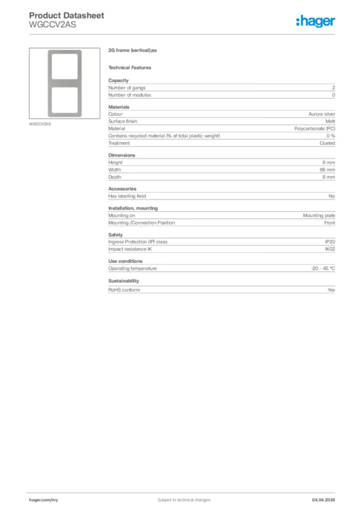 Image Hager Product data sheet WGCCV2AS  | Hager