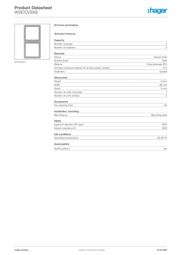 Image Hager Product data sheet WGCCV2AS  | Hager