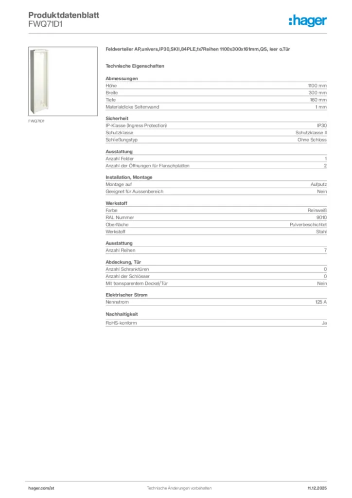 Bild Hager Produktdatenblatt FWQ71D1 | Hager Deutschland