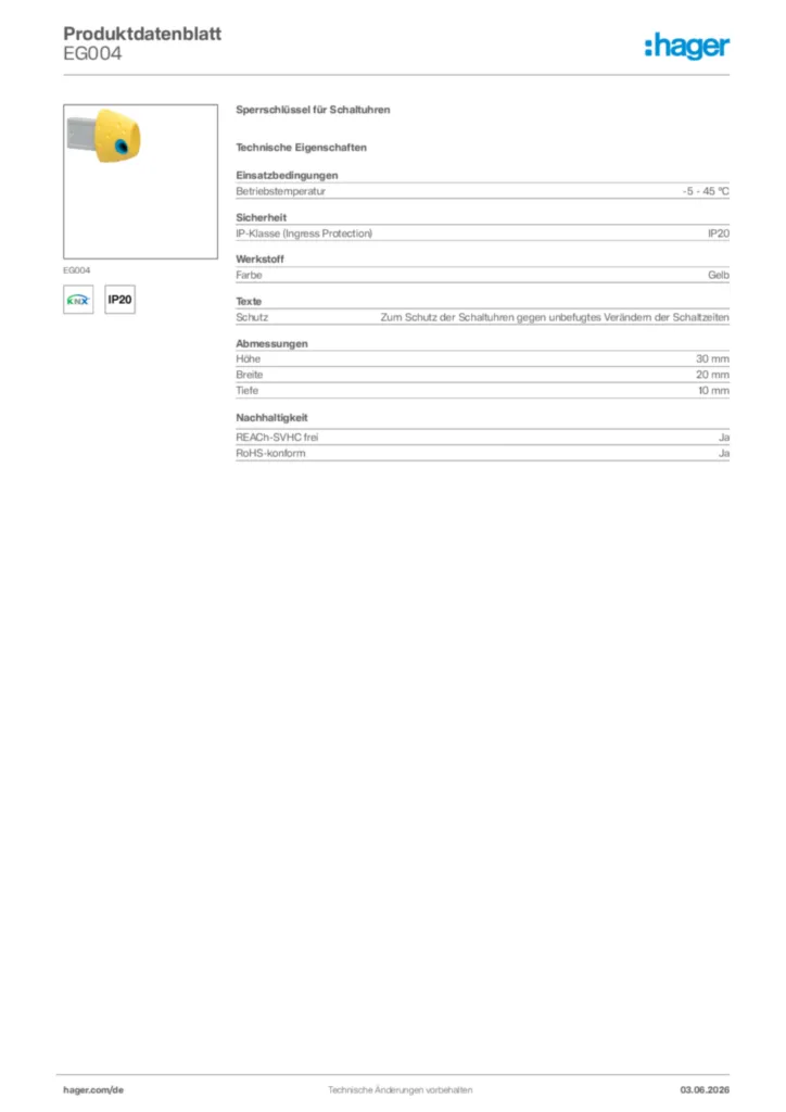 Bild Hager Produktdatenblatt EG004 | Hager Deutschland