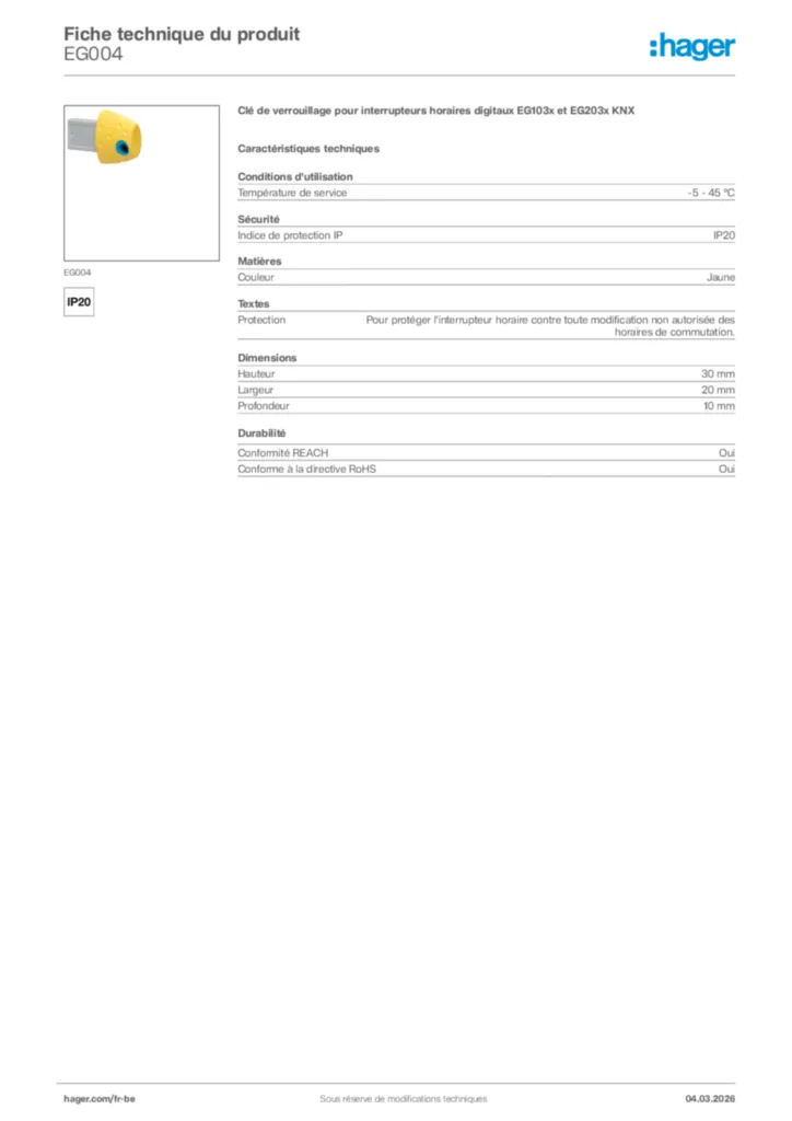 Image Hager Fiche technique du produit EG004 | Hager Belgique