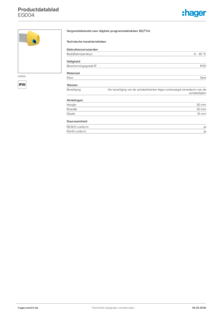 Afbeelding Hager Productdatablad EG004 | Hager Belgium