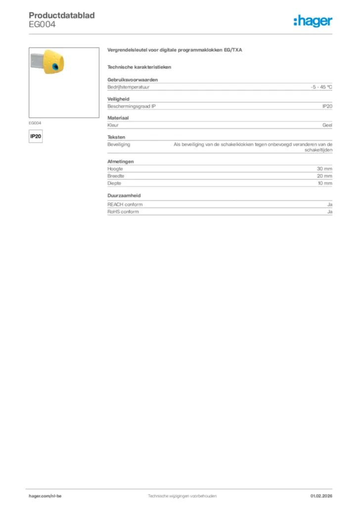 Afbeelding Hager Productdatablad EG004 | Hager Belgium