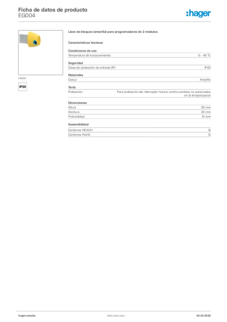 Imagen Hager Ficha de datos de producto EG004 | Hager España