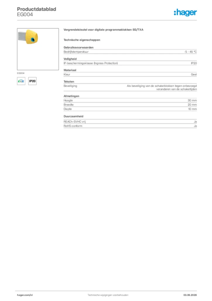 Afbeelding Hager Productdatablad EG004 | Hager Nederland