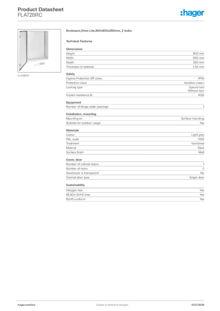 Image Hager Product data sheet FLA728RC  | Hager