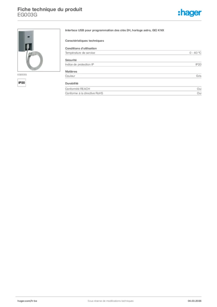 Image Hager Fiche technique du produit EG003G | Hager Belgique