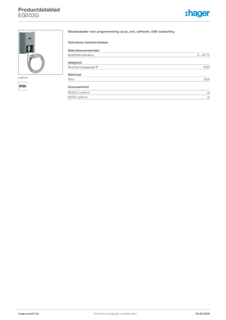 Afbeelding Hager Productdatablad EG003G | Hager Belgium