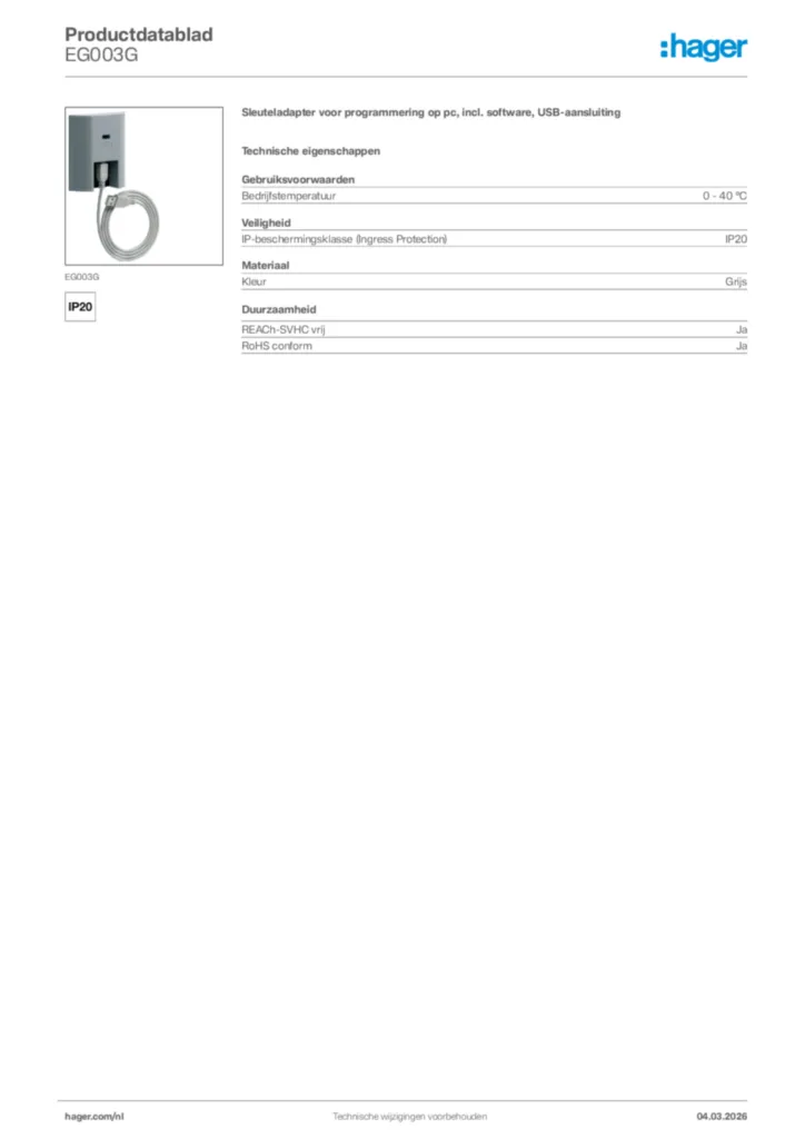 Afbeelding Hager Productdatablad EG003G | Hager Nederland