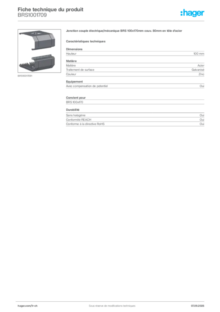 Image Hager Fiche technique du produit BRS1001709 | Hager Suisse