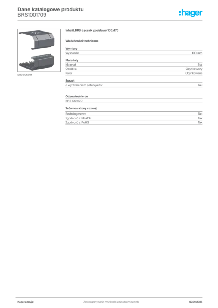 Zdjęcie Hager Dane katalogowe produktu BRS1001709 | Hager Polska