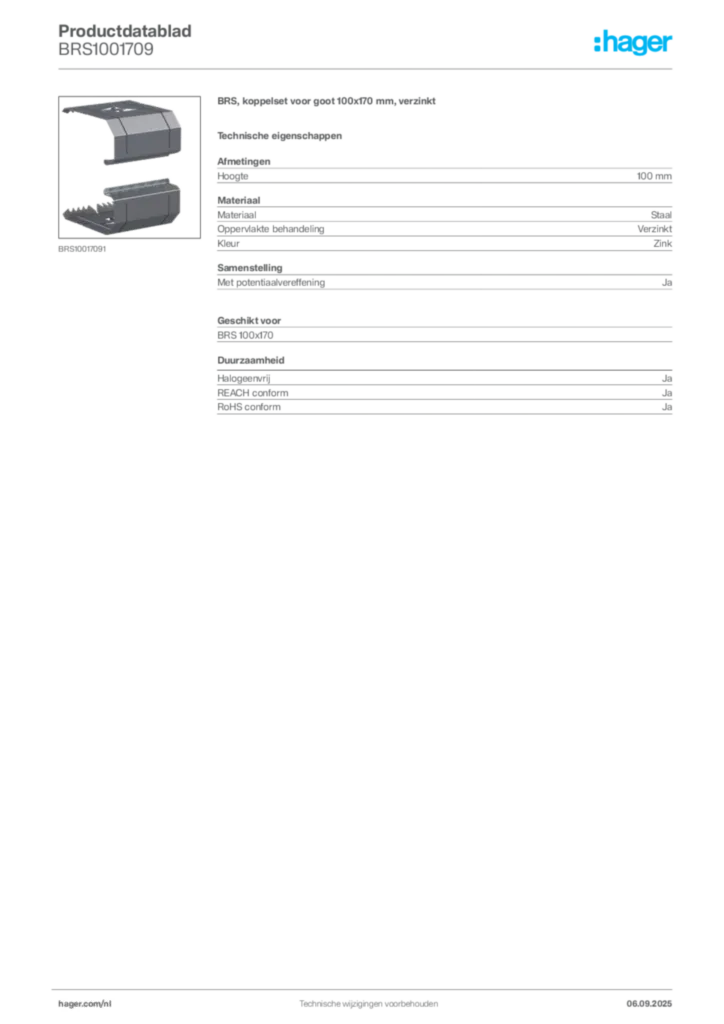 Afbeelding Hager Productdatablad BRS1001709 | Hager Nederland