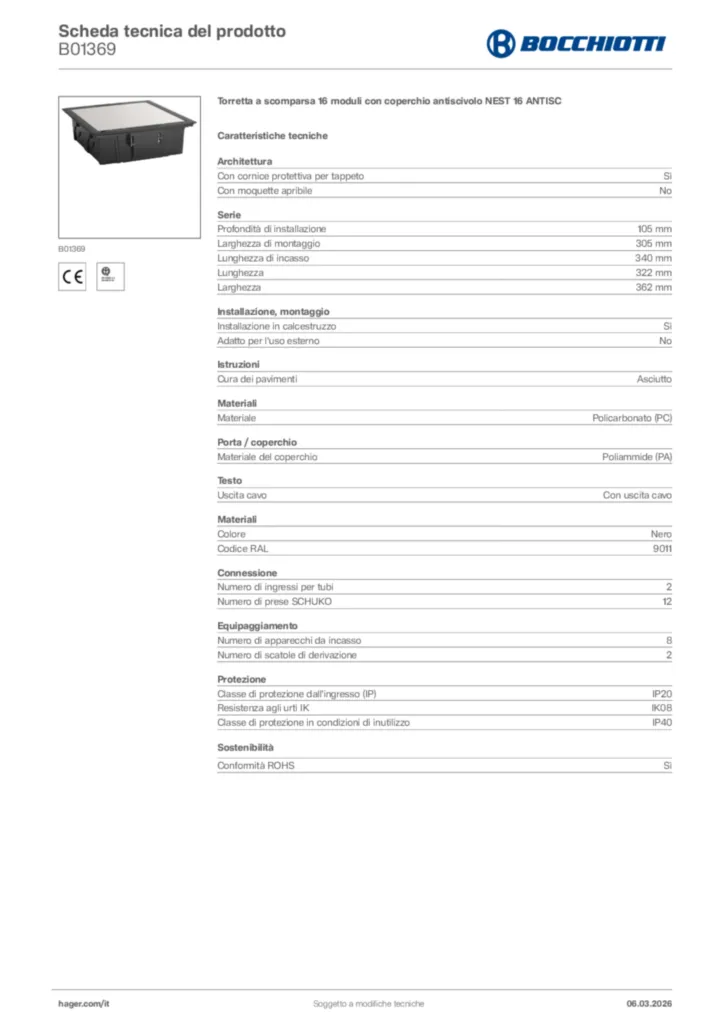 Immagine Bocchiotti Scheda tecnica del prodotto B01369 | Hager Italia