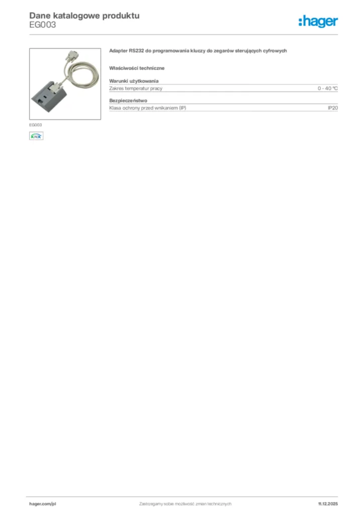 Zdjęcie Hager Dane katalogowe produktu EG003 | Hager Polska