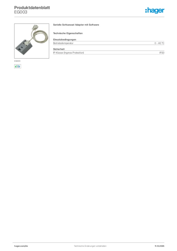 Bild Hager Produktdatenblatt EG003 | Hager Deutschland