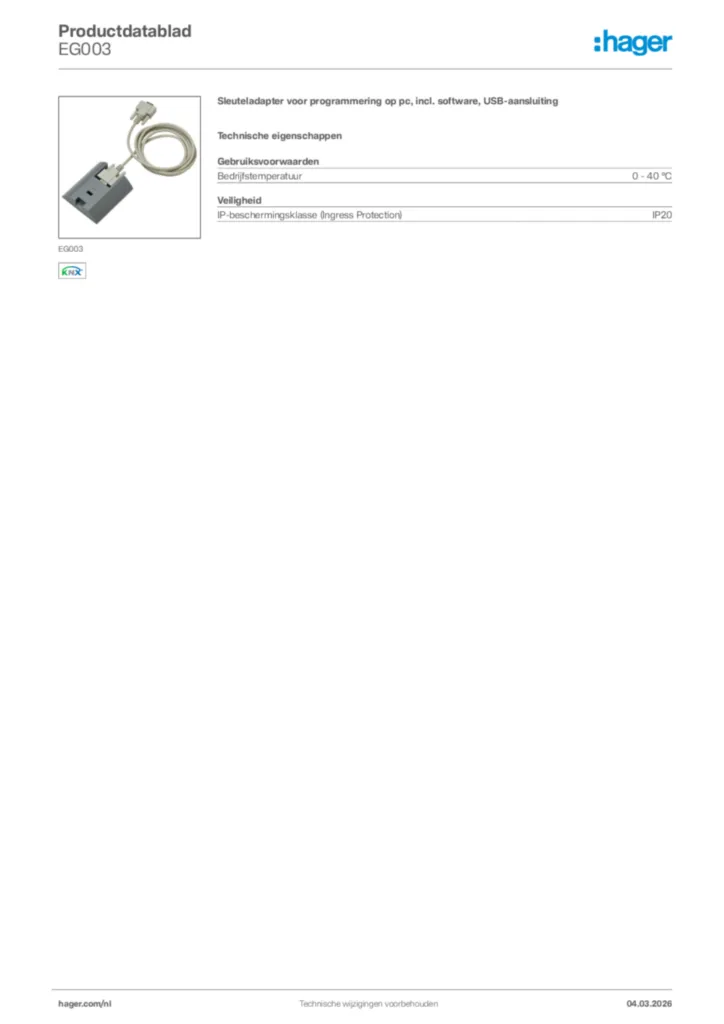 Afbeelding Hager Productdatablad EG003 | Hager Nederland