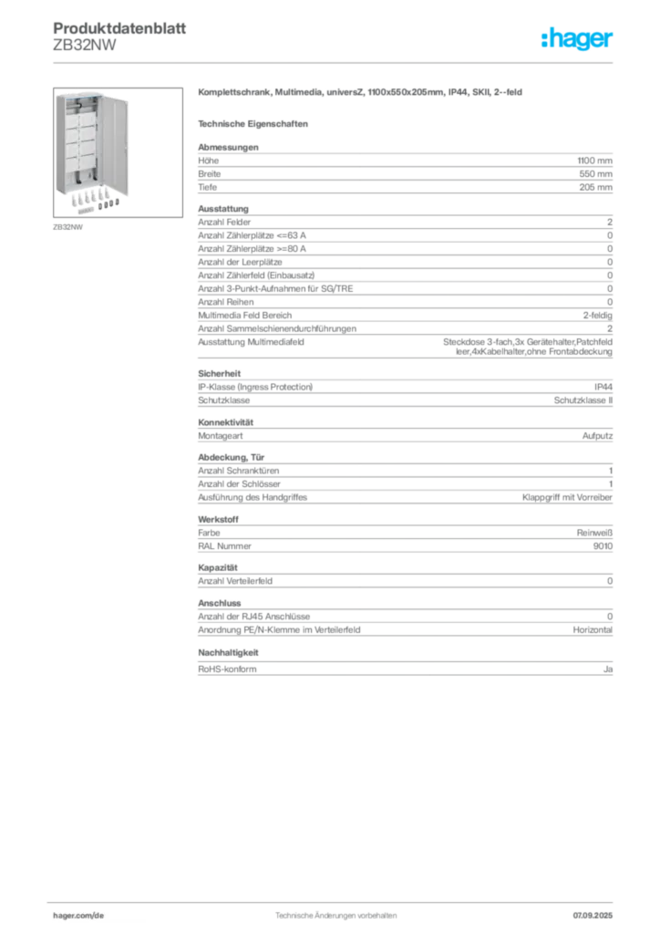 Bild Hager Produktdatenblatt ZB32NW | Hager Deutschland