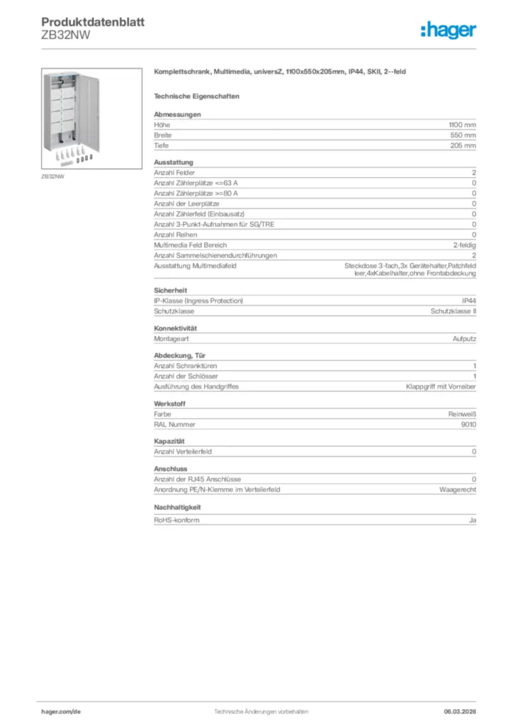 Bild Hager Produktdatenblatt ZB32NW | Hager Deutschland