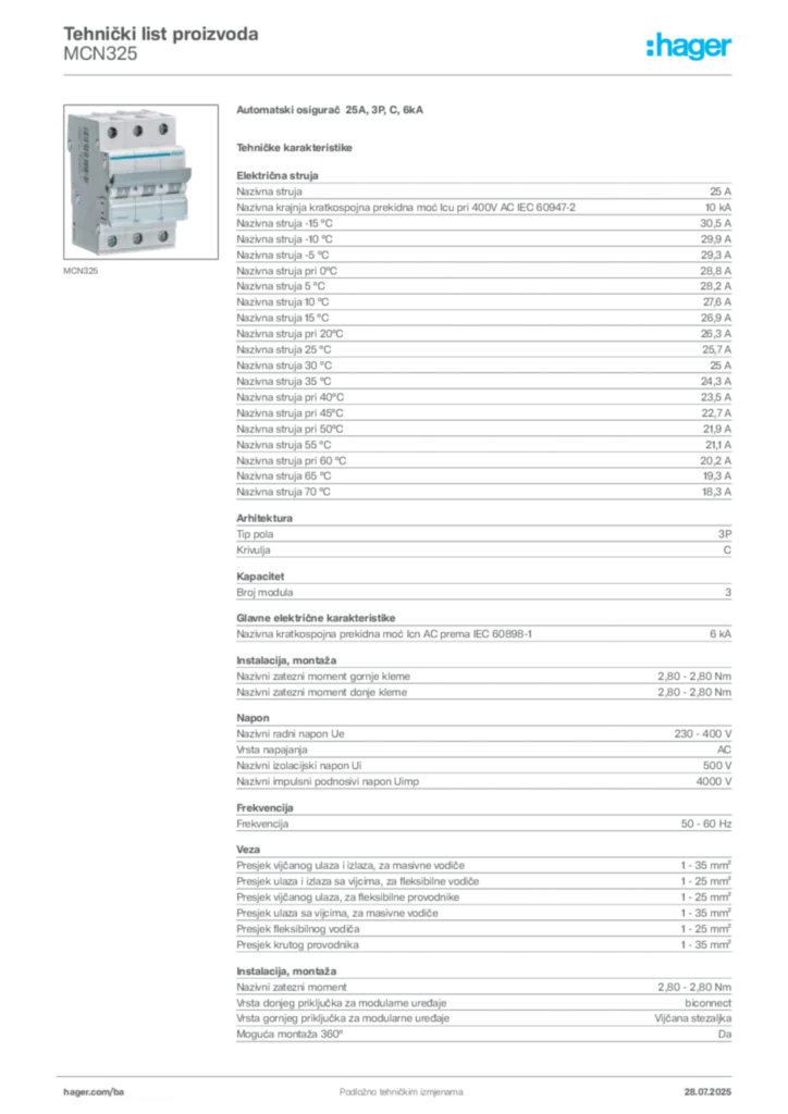 Slika Hager Product data sheet MCN325  | Hager