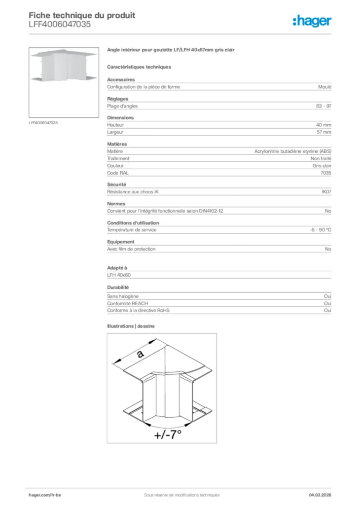 Image Hager Fiche technique du produit LFF4006047035 | Hager Belgique